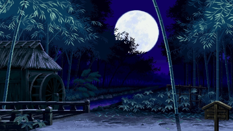 trees, Moon, bamboo, pixels, digital art, night, landscape, 1080P, nature, watermills, fan art, pixelated, stream, leaves, pixel art