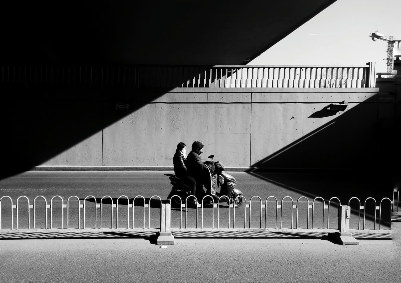 photo, pedestrian, two people, sitting, beijing, street photogrphy, built structure, grayscale, bike, near, bridge - man made structure, human, railing