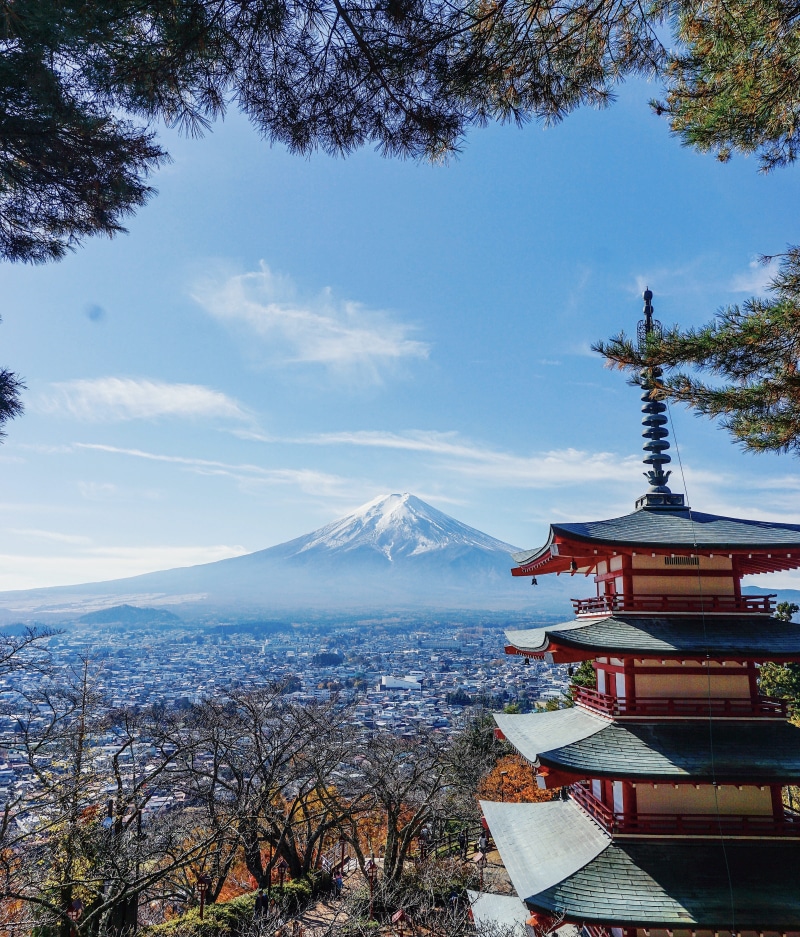 outdoors, fuji, religion, building, plant, mountain, nature, mt. fuji, 4K, sky, snowcapped mountain, day, architecture, mtfuji, mountain range, winter