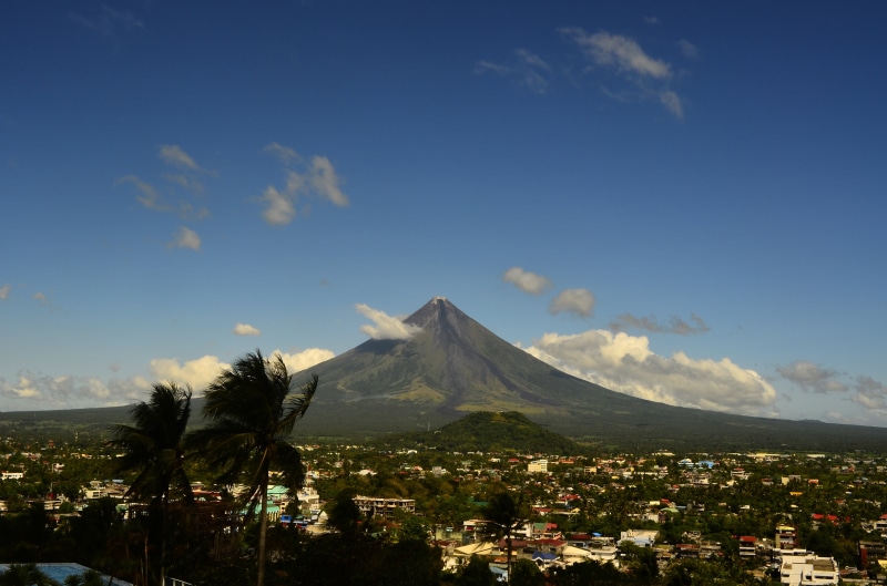 scenics - nature, no people, asia, sky, cone, albay, tree, blue, mountain, tropical, mayon, luzon, building exterior, travel, built structure, japan, volcanic crater