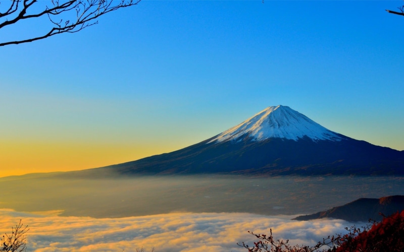 scenics - nature, blue, volcano, japan, snowcapped mountain, yamanashi Prefecture, mt Fuji, sky, mountain, mountains, tree, outdoors, mount, volcanic crater