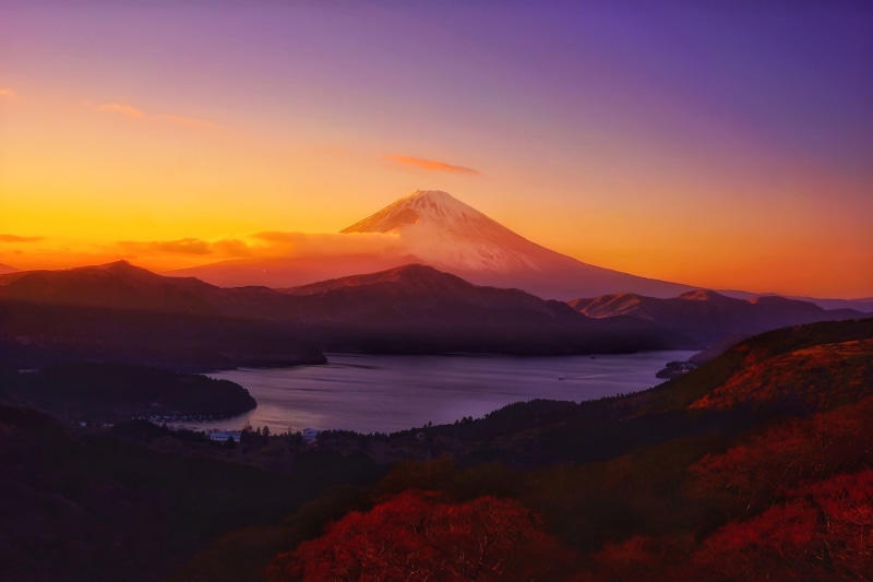 mountains, mountain Peak, lake Kawaguchi, blue, nature, tranquility, water, beauty In Nature, distance, no people, travel destinations, red, volcanic crater