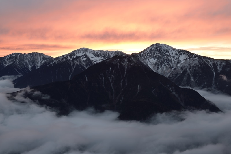 sky, nature, mountain Peak, black, mountains, scenics, mountain, snow, white sky, sunset, 5K, Japan, landscape, outdoors, orange, snow mountain, capped