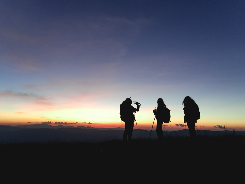 high, peak, sky, friendship, countryside, leisure, happy, sports, light, photographer, digital camera, backlit, together, sunset, dawn, backpack, standing