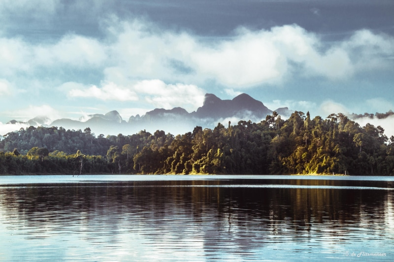 landscape, views, white clouds, paradise, green  travel, outdoors, blue  green, body of water, near, colors, clouds, water, tree, sky, jungle, rainforest