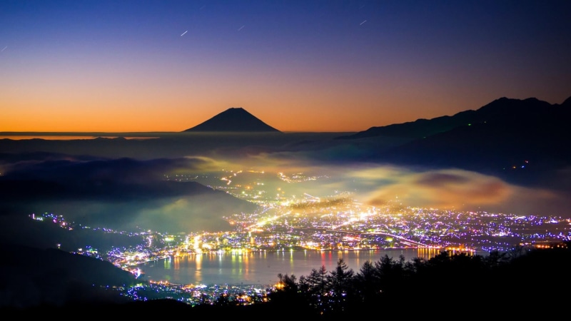 asia, japan, nature, architecture, city, city lights, mountain, landscape, environment, building exterior, cityscape, night, beauty in nature, mountain range