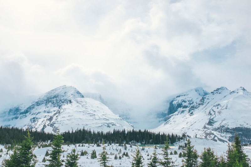 mountains, sky, outdoors, coniferous tree, snow, covering, non-urban scene, scenics, season, tranquility, fog, beauty In Nature, white color, european Alps