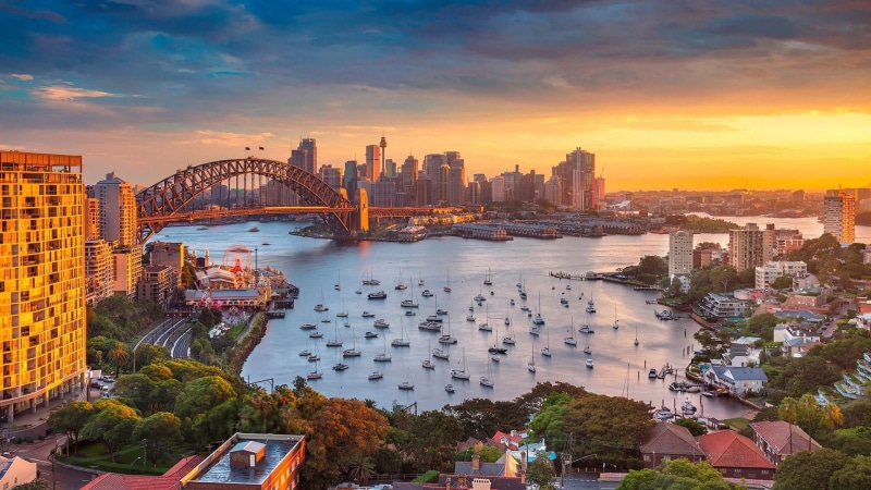 sky, built structure, downtown, sydney harbour bridge, travel destinations, nature, landscape, sunset, skyscraper, modern, architecture, residential district