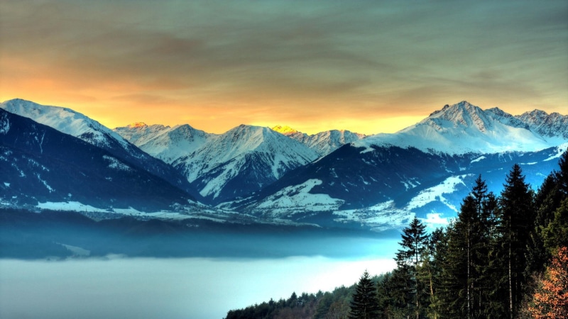 trees, snow, nature and landscapes, icy, lake, landscape, view, mountains, 1080P, nature