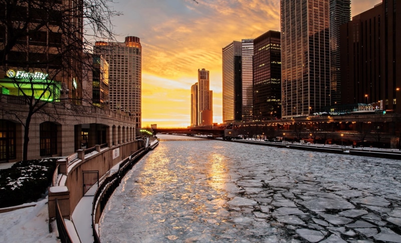 river, ice, water, Chicago, America, city, icy, 1080P, USA, snow, winter, skyscrapers