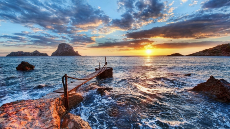 1080P, balearic islands, ibiza, sunset, shore, pier, coast, island, sky, spain, horizon, calm, sea, headland, rock
