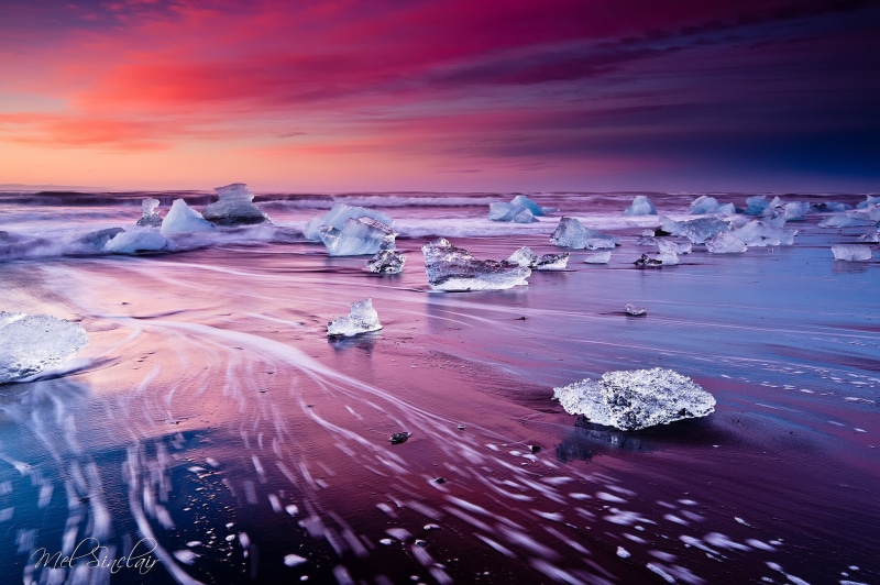 formations, water, tranquil scene, landscape, non-urban scene, nature, sunset, sky, winter, environment, beach, snow, the glacial lagoon of Jökulsárlón