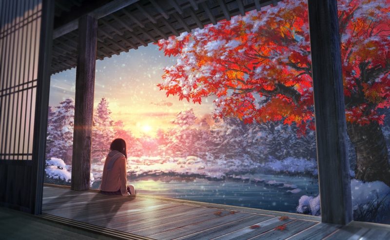 winter, artwork, sunset, 2K, calm, anime girls, snow