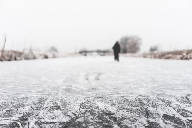 Frozen River, water, december, one Person, rear view, warm clothing, zing, cold - Temperature, cold, plant, sport, lifestyles, frozen, land, active, tree
