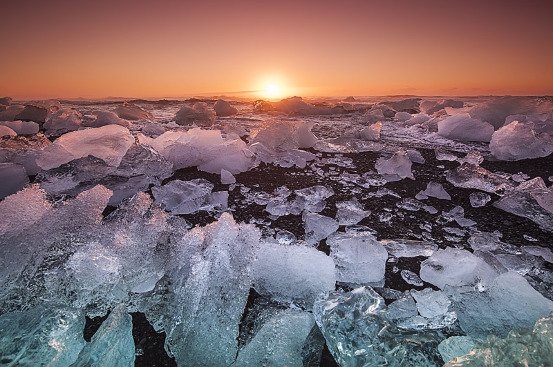 water, lagoon, scenics, golden hour, iceland, scenics - nature, travel, no People, sunset, nature, dramatic landscape, sunlight, land, cold - Temperature