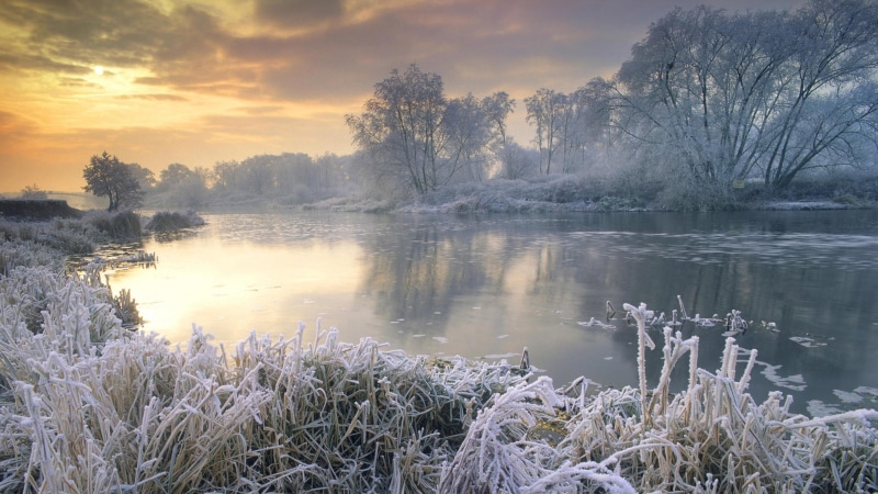 ice, grass, bank, freezing, hoarfrost, sky, reflection, mist, nature, dawn, tree, 4K, frost, water, morning, river, frozen, winter