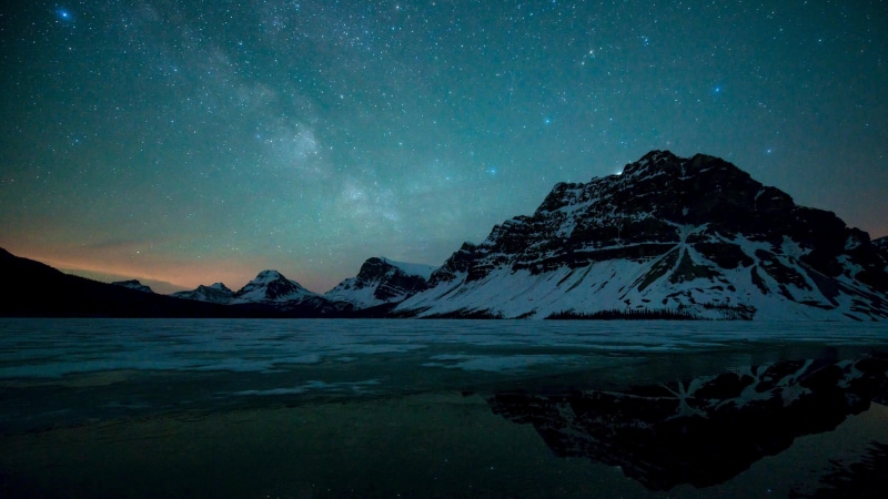 landscape, mountain, astronomy, alberta, scenics - nature, night sky, canada, starry night, nature, winter, sky, snowcapped mountain, bow lake, beauty in nature
