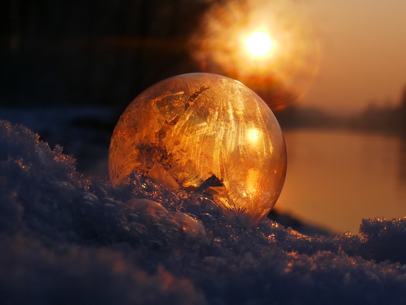 sphere, cold, frost, 4K, close-up, sunset, planet earth, space, beauty in nature, snow, night, frost globe, frozen bubble, illuminated, soap bubble, ball