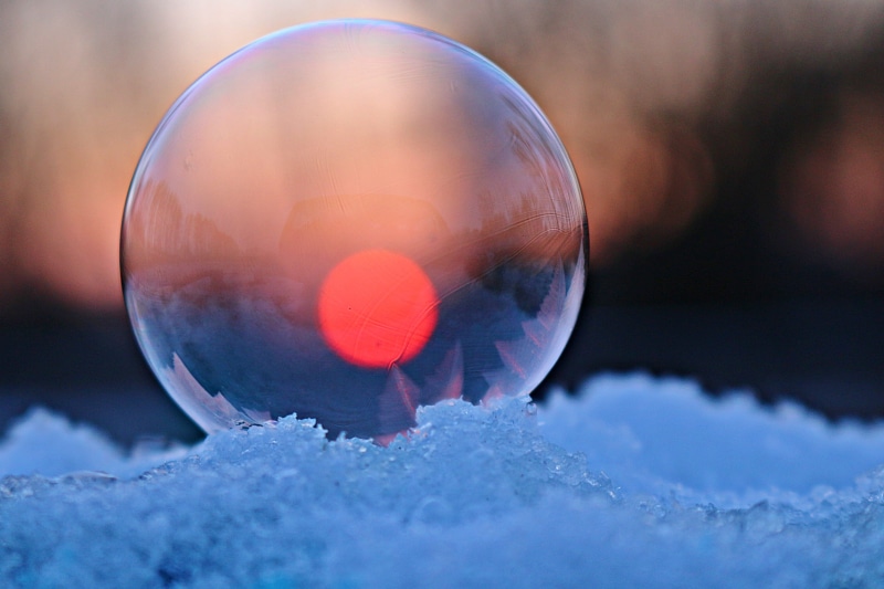 fragility, focus on foreground, frozen, soap bubble, selective focus, sunset, ice, nature, frost ball, frost, close-up, frozen bubble, snow, purple, glass - material