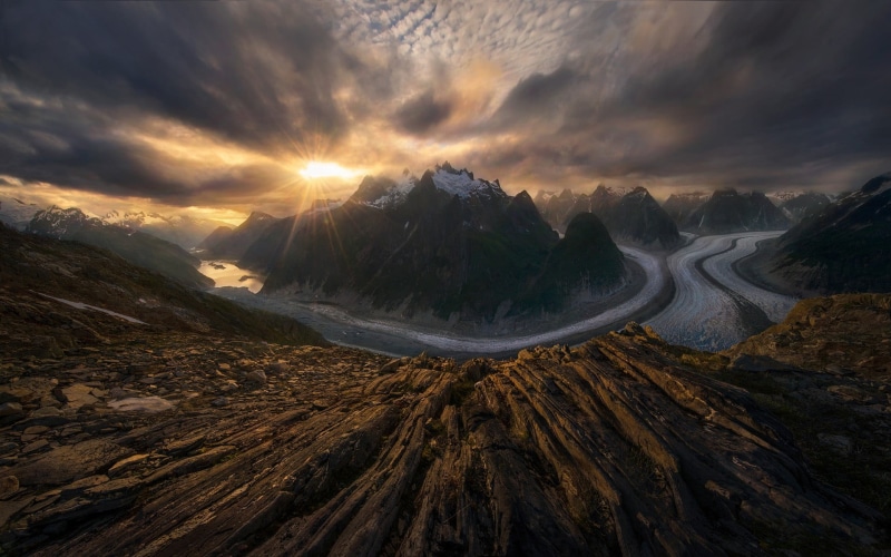 mountain range, environment, beauty in nature, lens flare, view, no people, sunset, outdoors, road, idyllic, clouds, snowy peak, travel destinations, 1080P