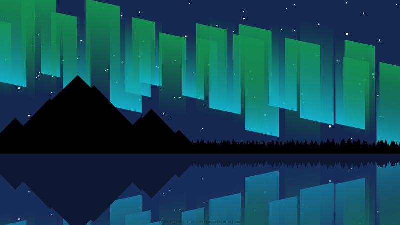mountain, reflection, shape, scenics - nature, green, green color, beauty in nature, stars, nature, digital art, vector, multi colored, night, oak trees