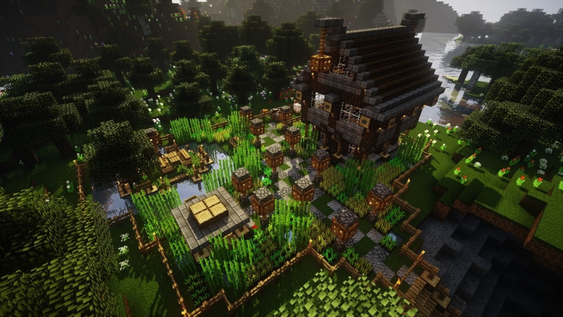 1080P, house, farm, grass, water, video games, Minecraft, forest, oak trees
