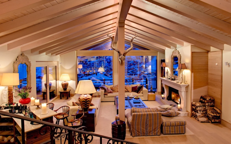 fire, Switzerland, ceiling, Chalet, restaurant, building, hotel, sofas, luxury, room, indoors, setting, wood, table, fireplace, architectural column, 1080P