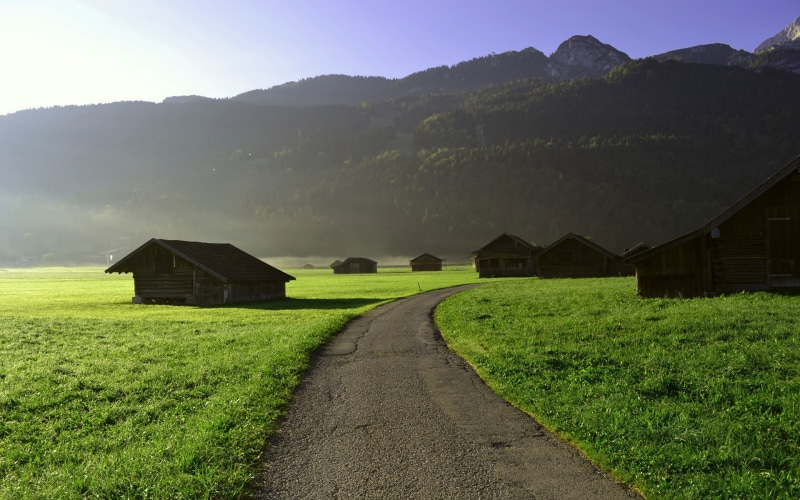 nature, land, built structure, mountain range, road, landscape, outdoors, grass, chalet, scenics - nature, agriculture, no people, tranquility, 1080P