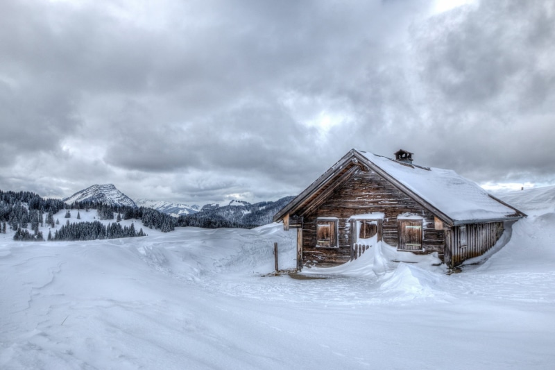 beauty In Nature, mountains, widescreen, cabin, frost, mountain, blue, extreme weather, forest, land, fullscreen, built structure, winter, european Alps