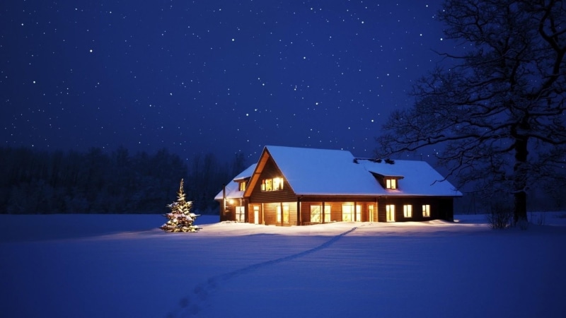illuminated, new years eve, starry night, path, outdoors, christmas, chalet, nature, built structure, night, beauty in nature, sky, 1080P, christmas tree