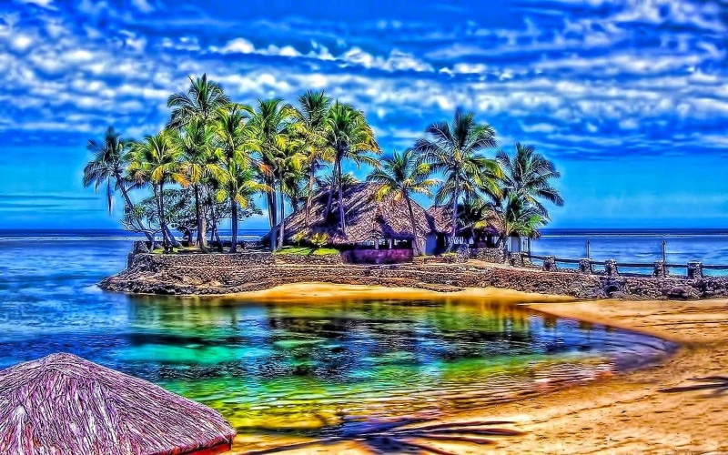 blue, vacation, chalet, beach, house, gray, 1080P, around, roof, photo, coconut, look, trees, 3d and abstract, beauty