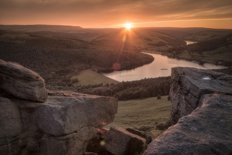woodland, valley, rock, view, ladybower reservoir, beside, forest, peak district, sundown, landscape, bamford edge, tranquility, tranquil scene, nature