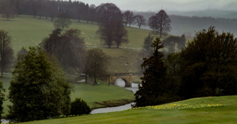 activity, travel destinations, plant, derbyshire, day, no people, hills, green - golf course, land, sport, chatsworth, fog, bridge, non-urban scene, river