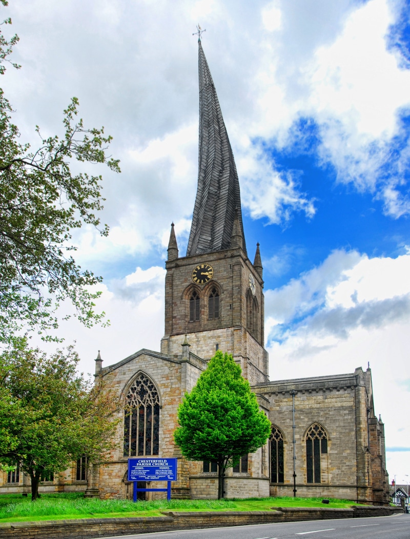outdoors, cathedral, building, Chesterfield, historic, spire, gothic Style, nature, england, plant, place of worship, cloud - sky, places Of Worship, landmark