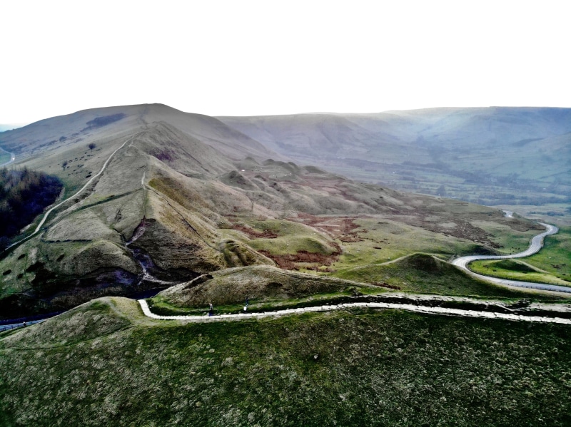 environment, south yorkshire, outdoors, clear sky, green color, castleton, mountain road, mountain, plant, winding road, mam torr, england, tranquil scene