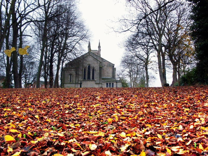 orange Color, building, autumn, Chesterfield, middle, season, Holy Trinity, church, concrete, forest, churchyard, leaf, leaves, cemetery, Derbyshire, gray