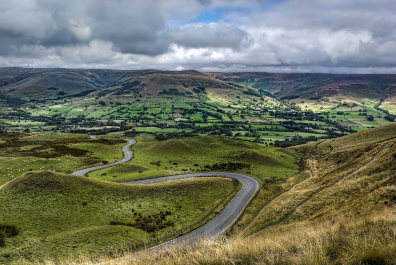 dark sky, ding, hill, canon, mountain, day, sky, time, 1080P, outdoors, Winding road, surround, landscape, mam tor, road, trees, roads, hills, grass, hdr