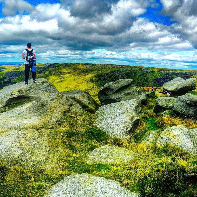united kingdom, solid, outdoors, peak district, one person, 2K, sky, hike, peak district national park, standing, day, tranquil scene, rock, nature, environment