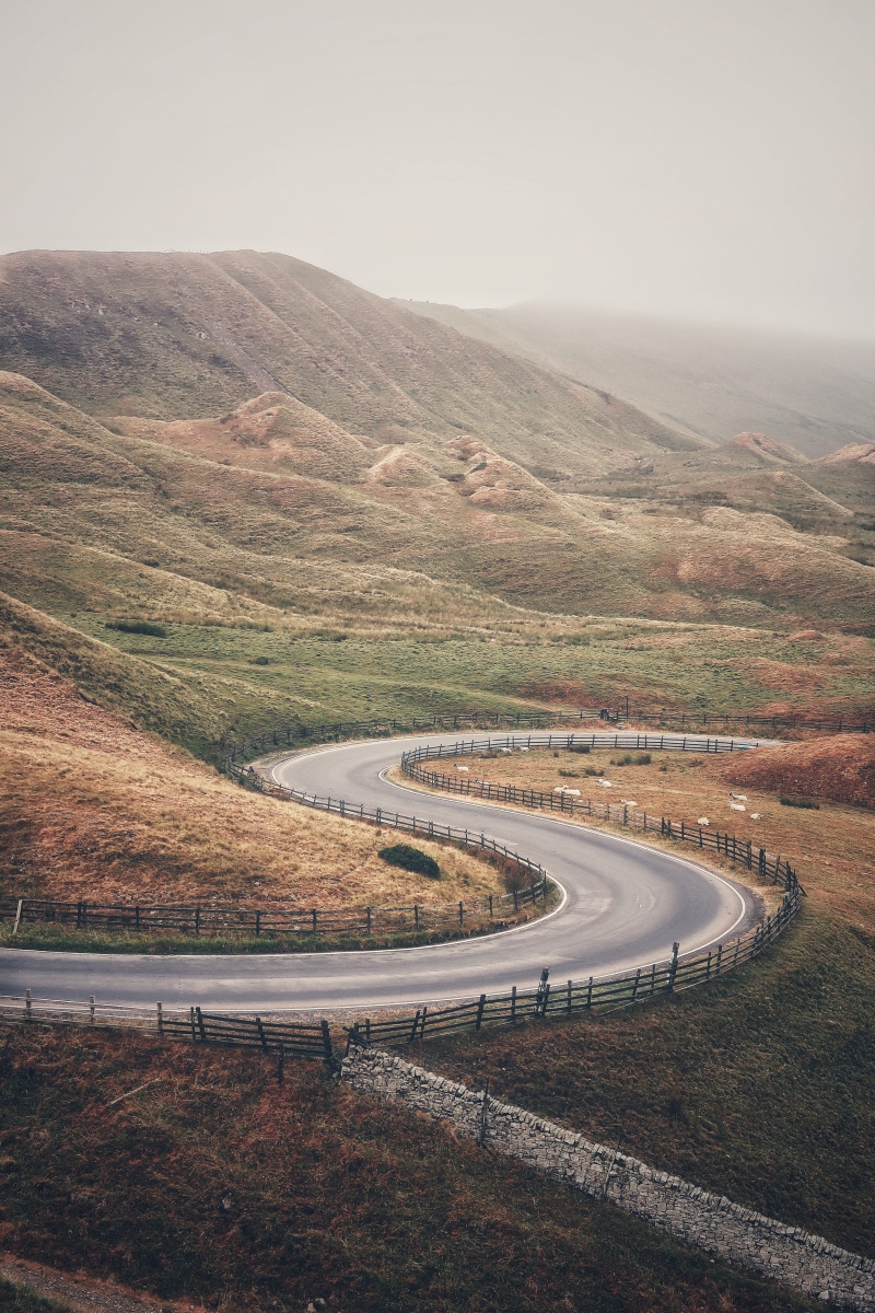no people, near, asphalt, mam tor, environment, sky, land, dirt road, winding road, hope valley, highway, tranquility, gravel, way, outdoors, road, mountain