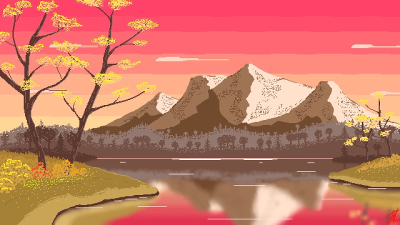 pixel art, trees, pink clouds, pixels, pixelated, landscape, 1080P, spring, reflection, nature, Wavestormed, forest, mountains, lake