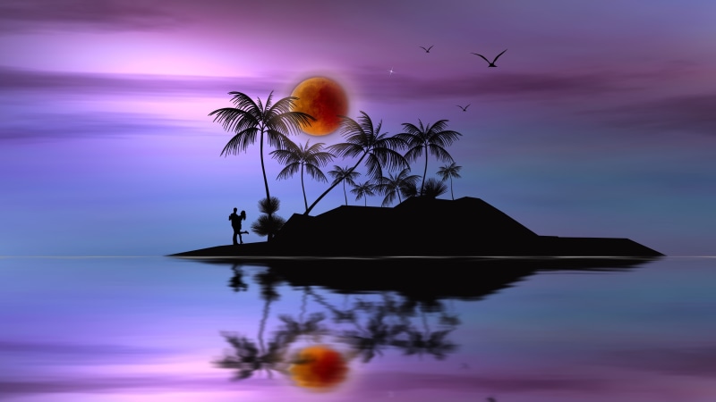 night, 4K, sunset, uninhabited island, island, couple, silhouette, romantic, romance, purple sky, palms