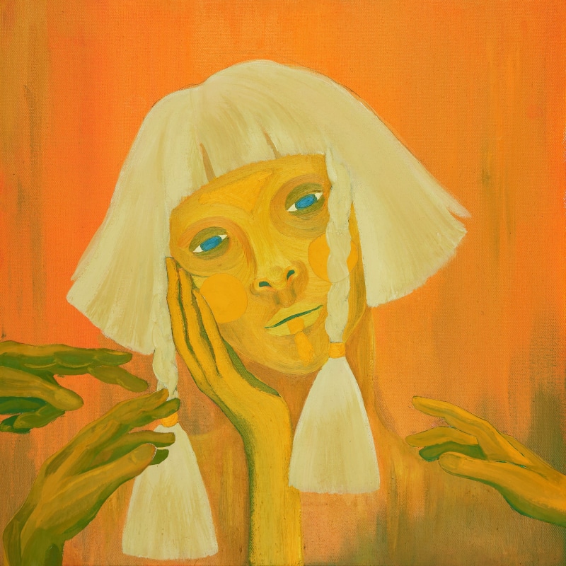 women, Aurora Aksnes, hands, orange background, artwork, 2K, blonde, blue eyes, music, face, portrait