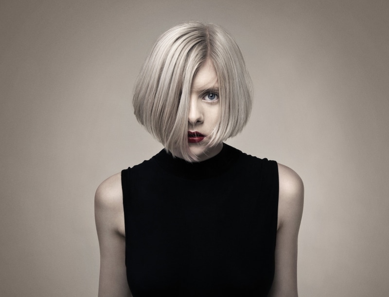 blue eyes, norwegian, Aurora Aksnes, white hair, short hair, 2K, singer, musician, women, looking at viewer, hair in face