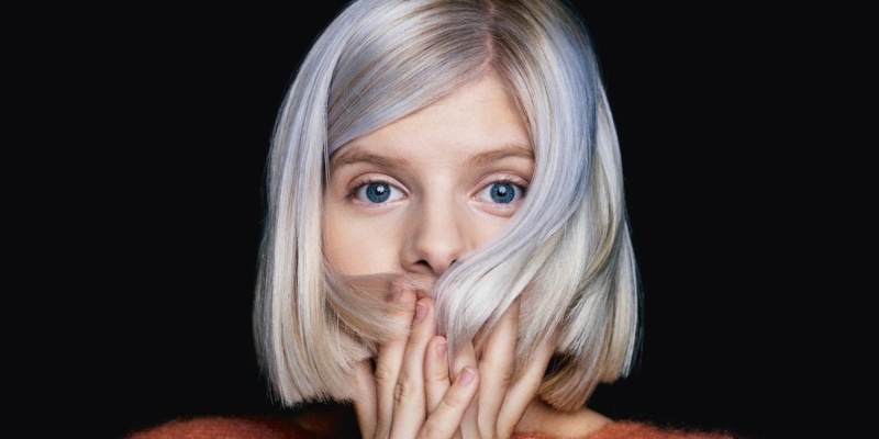 studio shot, 1080P, portrait, young adult, singer, one person, blond hair, beautiful woman, norwegian, Aurora Aksnes, blue eyes, women, hair in face, body part