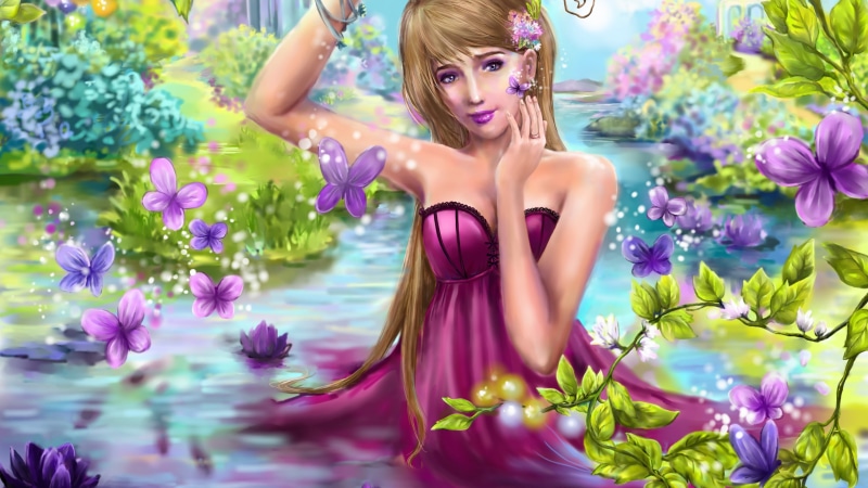 Fantasy, Girl, Beautiful, Flowers, Butterfly, 4K, Purple, Dress, Water