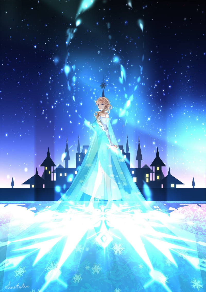 Princess Elsa, cold temperature, cartoon, Frozen (movie), digital composite, young adult, celebration, night, standing, sky, fan art, illuminated, elegance