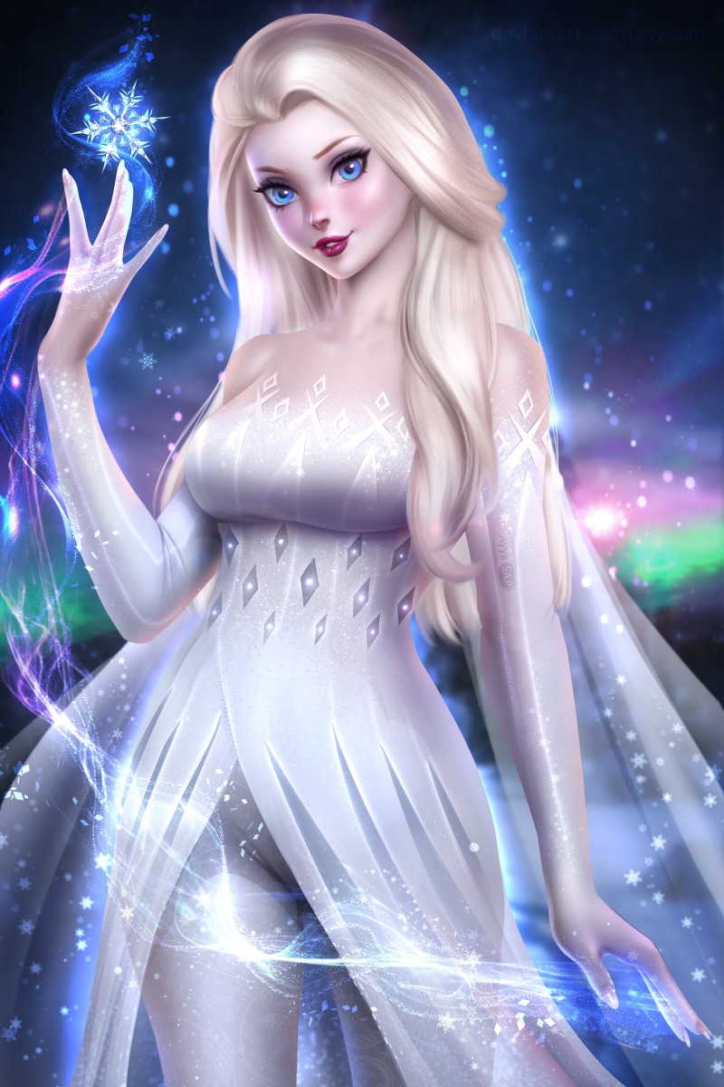 artwork, white hair, AyyaSAP, Frozen (movie), illustration, 5K, digital art, Elsa, fan art, Ayya Saparniyazova, Disney princesses, Disney