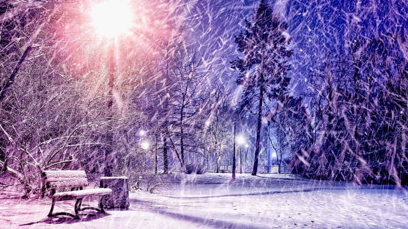 park, snowing, 4K, winter, evening, bench
