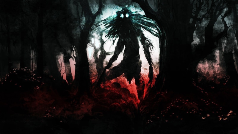 digital composite, forest, indoors, video games, person, painting, horror, red, no people, trees, pattern, land, creature, creepy, fantasy art, black, fear