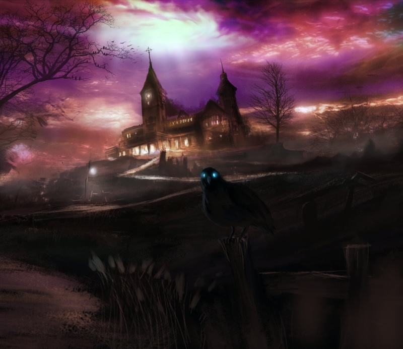 built structure, dusk, religion, building exterior, night, creepy, shining, motion, cloud - sky, illuminated, ominous, eyes, black, no people, plant, crow